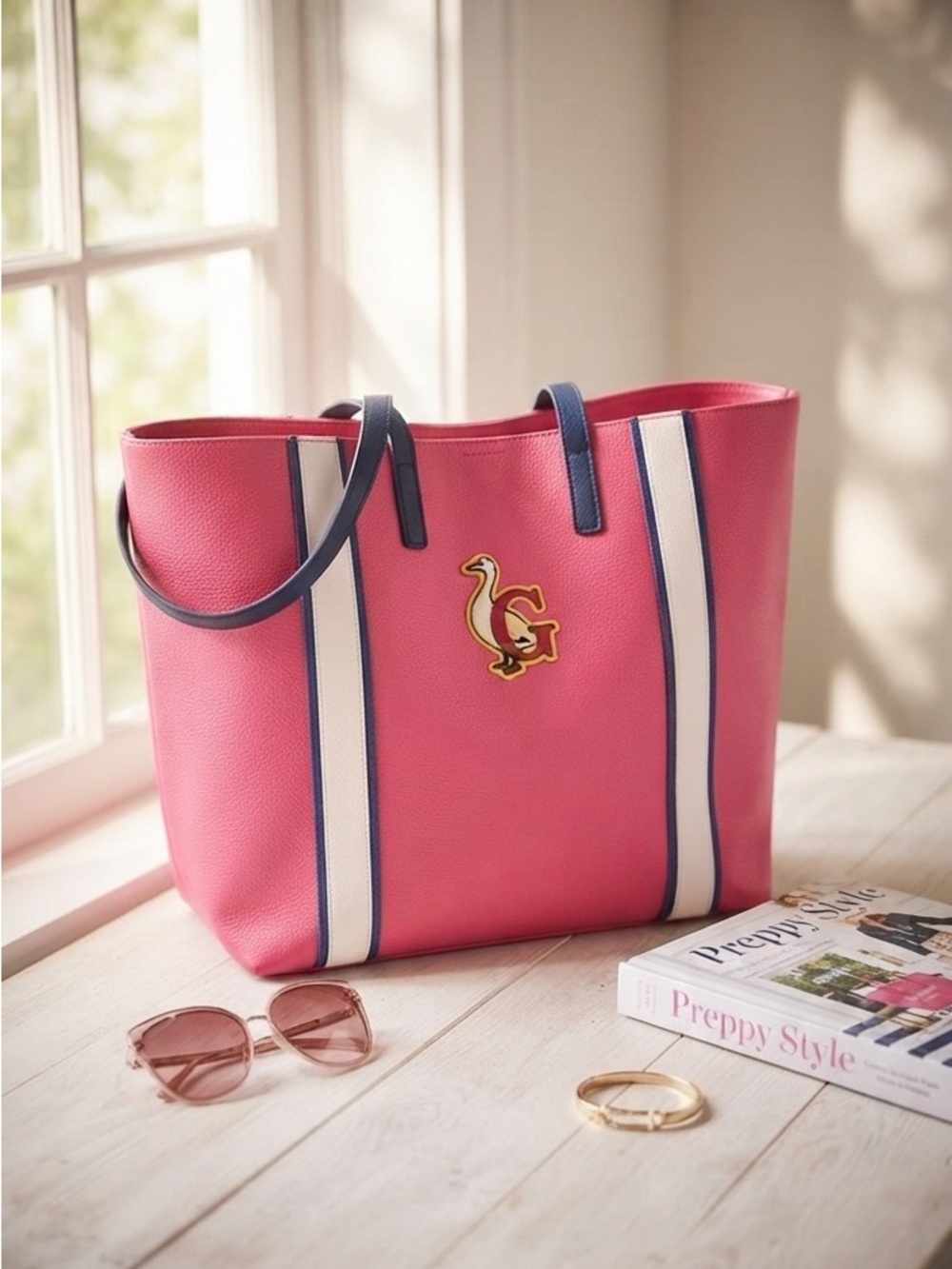 El Ganso Large Pink Striped Tote Bag with Goose Logo
